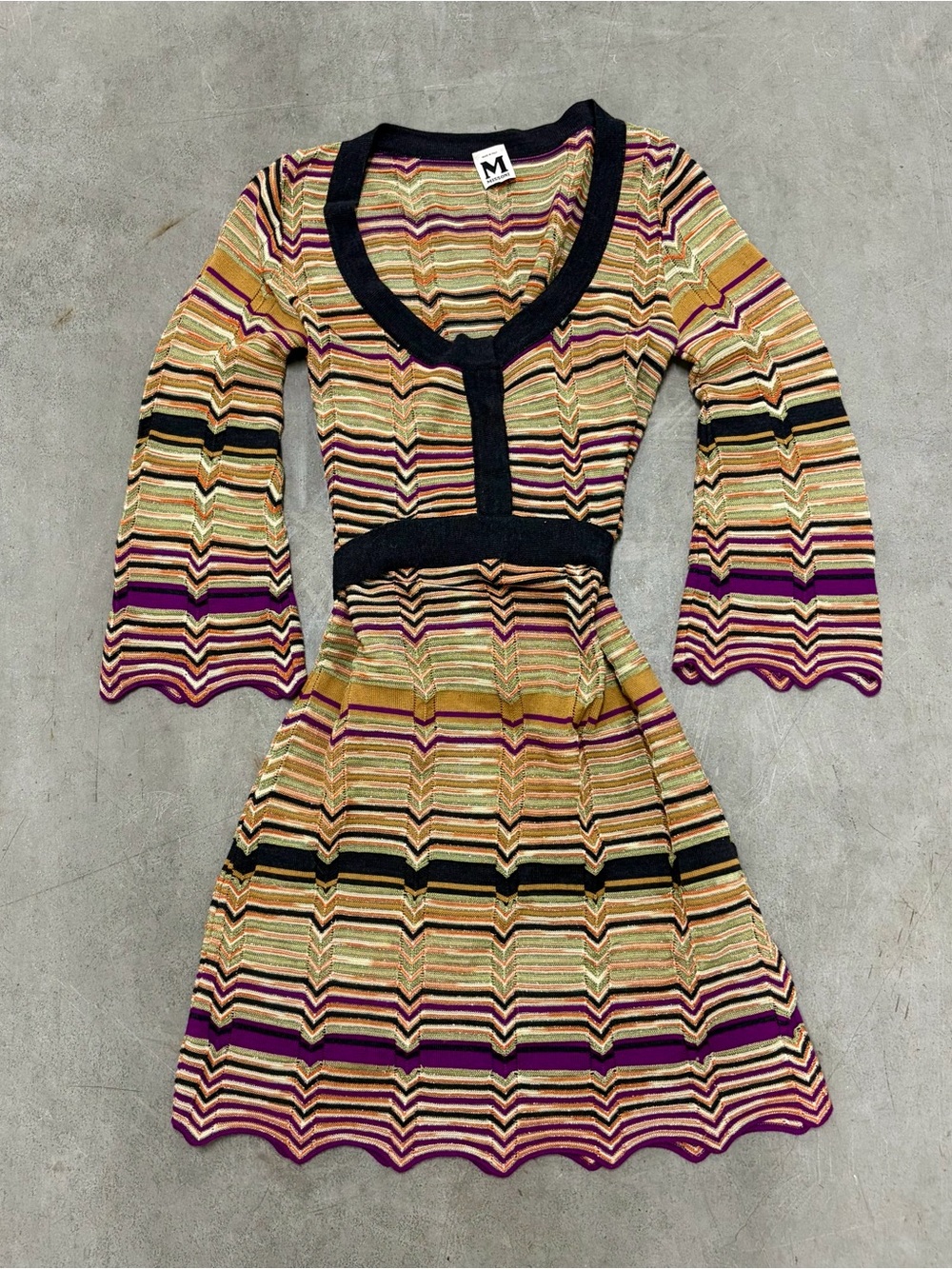 M by Missoni Striped Knit Midi Dress in Black, Purple, Green, Gold